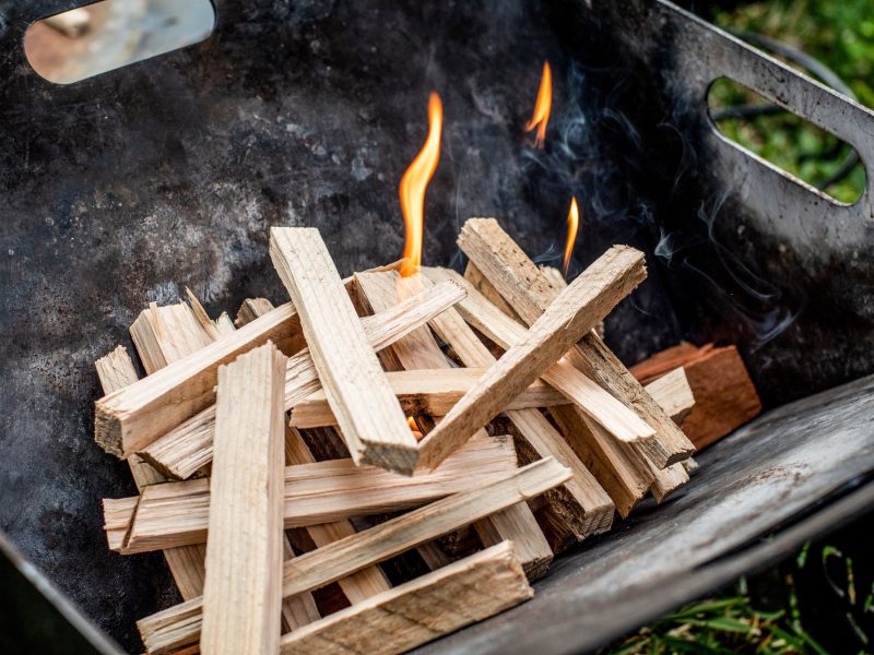 Starting fire with kindling in a firepit